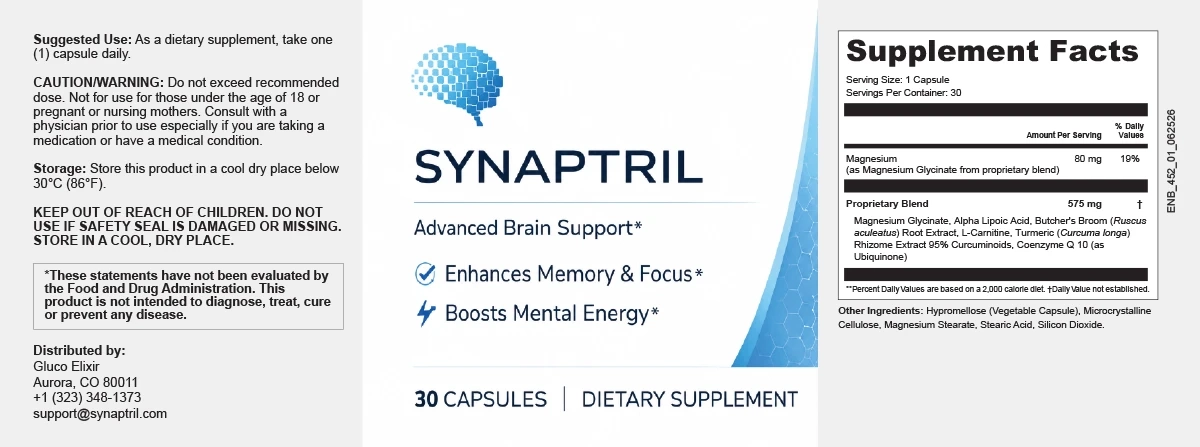 Synaptril bottle label and Supplement Facts panel